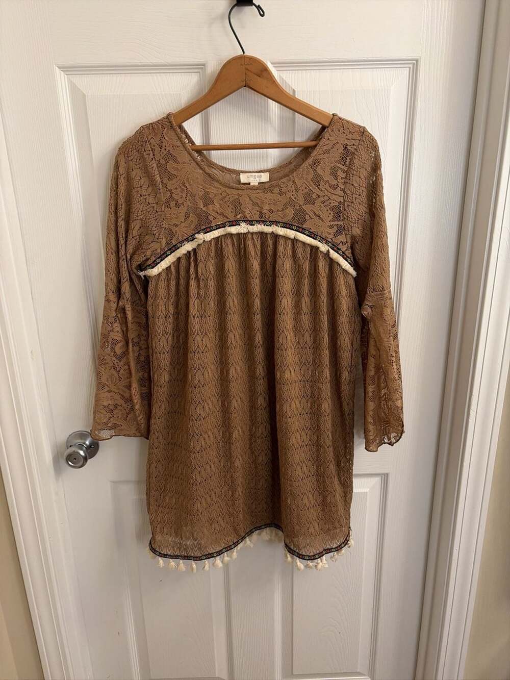 Umgee USA Brown Lace Tassel Trim Bell Sleeve Tunic Dress Size S